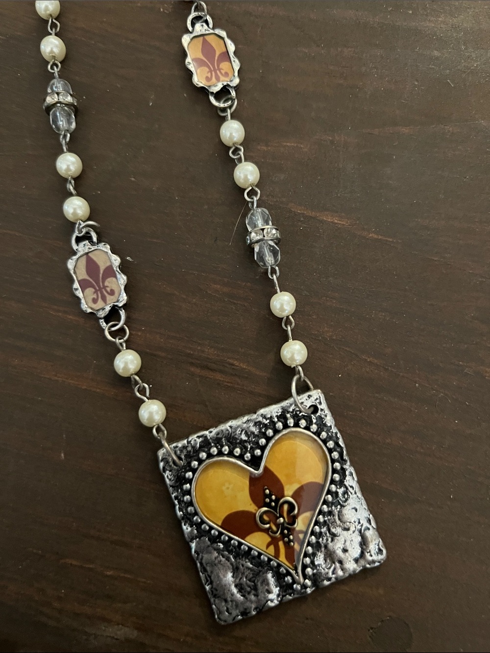 Heart Pendant Fleur-de-Lis Necklace in Yellow